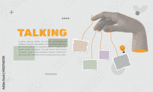 Composite collage image of hand hold springs speech bubble talking conversation