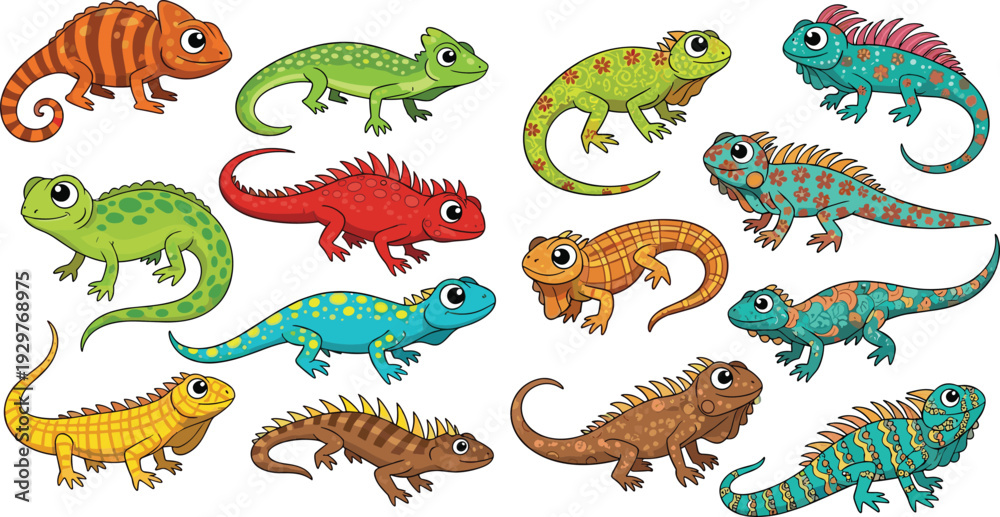 Obraz premium Cute Cartoon Lizard and Iguana Collection with Colorful Reptile Characters Vector Illustration Set
