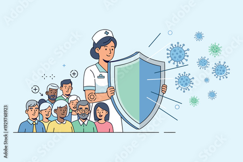 A healthcare worker protects a diverse group of people from viruses and illness