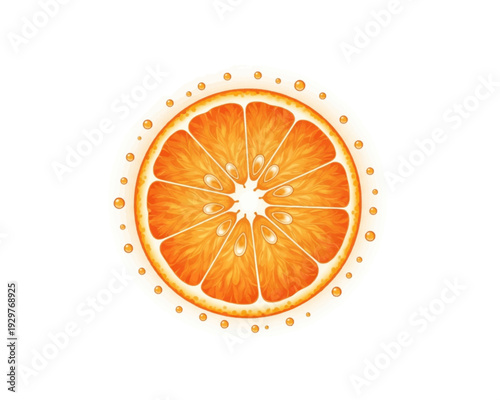 A vibrant and juicy vector graphic illustration of a perfectly round, fresh orange fruit slice, showcasing its intricate pulp, distinct segments, and visible seeds, elegantly surrounded by playful.