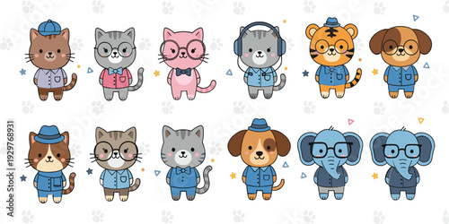 Cute Cartoon Animal Characters in Blue Outfits Kawaii Pets Vector Illustration Collection