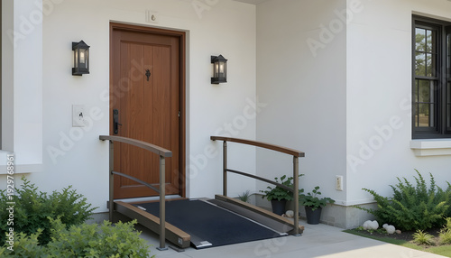 Modern home entrance with wooden front door and wheelchair accessible ramp, metal handrails and small staircase, clean exterior wall design with greenery, showcasing accessibility and inclusive 