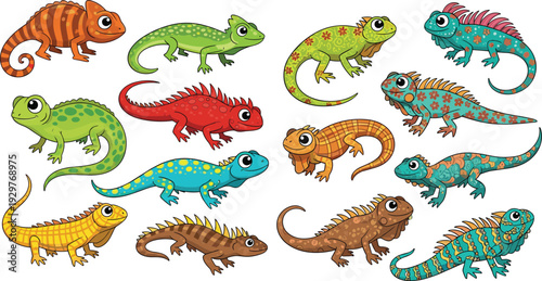 Cute Cartoon Lizard and Iguana Collection with Colorful Reptile Characters Vector Illustration Set
