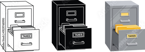 Collection of filing cabinet icons representing organization and data storage for business and office use in flat and outline styles