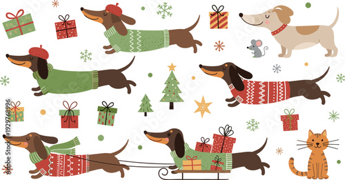 Cute Christmas Dachshund Dogs in Sweaters with Gifts and Winter Holiday Elements Vector Illustration Set