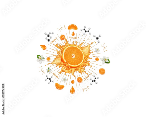 Dynamic vector illustration showcasing a vibrant citrus slice bursting with juice droplets and essential Vitamin C chemical structures.