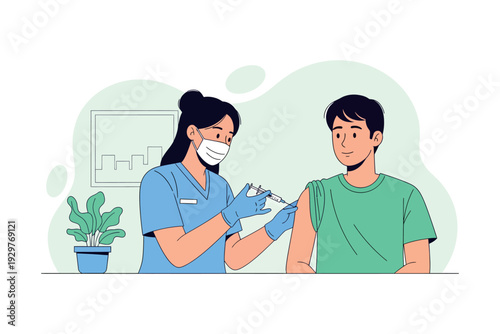 A healthcare worker administering a vaccine injection to a young male patient