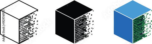 Set of three isometric cubes one outline one black one blue with green texture dissolving into particles vector illustration for design