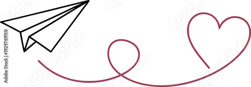 Black and white vector illustration of a paper airplane leaving a red heart-shaped trail, symbolizing love, sending messages, or care.