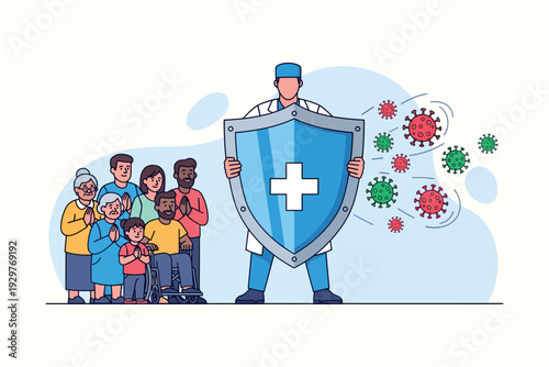 Healthcare protector shielding a diverse group of people from virus threats