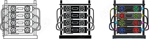 Set of cryptocurrency mining rig icons in outline solid and color variations representing digital currency blockchain technology and decentralized finance