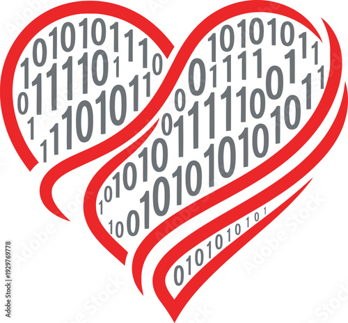 Heart shape formed by binary code 01010111 and flowing red lines, representing digital love, technology, and data science in a modern vector illustration.