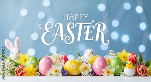 Easter celebration with colorful eggs and bunny with with decorative happy easter text