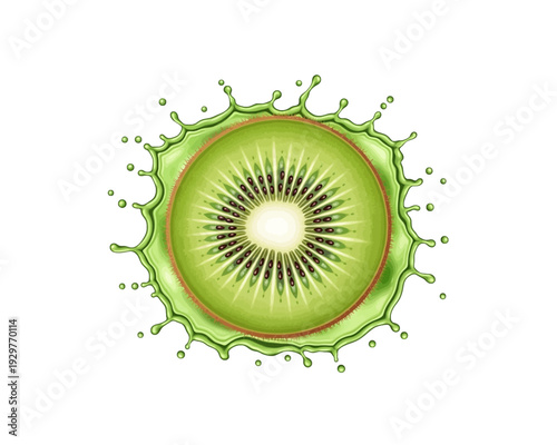 Detailed vector illustration of a vibrant kiwi fruit slice splashing dramatically into bright green liquid juice against a white background.
