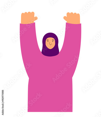 Beautiful happy modern woman in hijab character illustration isolated on transparent. Feminism, empowerment, girl power, gender equality. 8 March, Womens Day design element, clip art. Flat vector