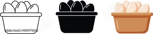 Collection of egg icons in a basket representing food breakfast and organic farming in outline solid black and color vector styles
