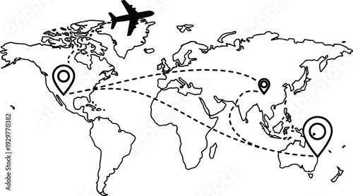 Global travel route map with airplane