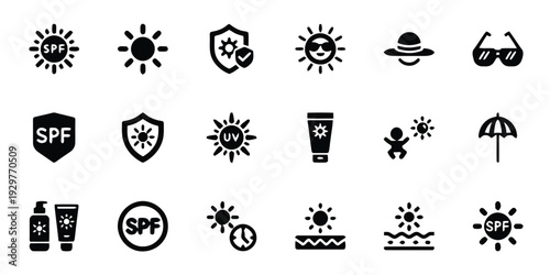 Sun protection and SPF icons with sunscreen, sunglasses, and beach umbrella