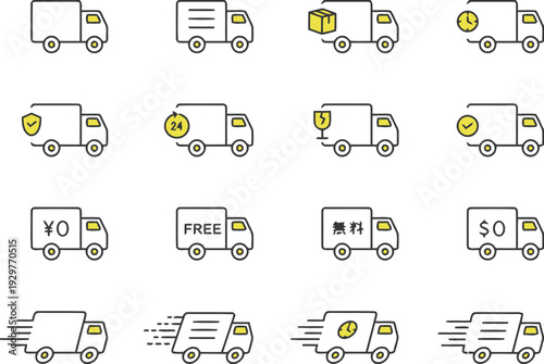 Stylized delivery trucks and icons for shipping and transportation services