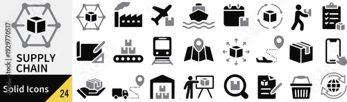 Supply chain flat icons set for logistics and delivery business