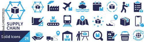 Supply chain solid icons set for logistics and delivery business
