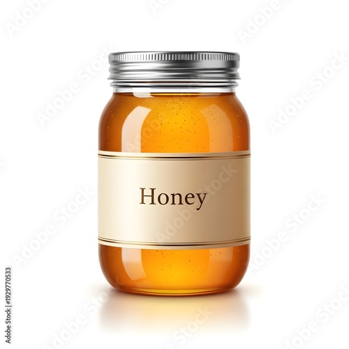 Jar of honey with the word honey on it and label that.