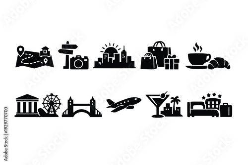 Travel and tourism icons featuring landmarks activities and cityscapes