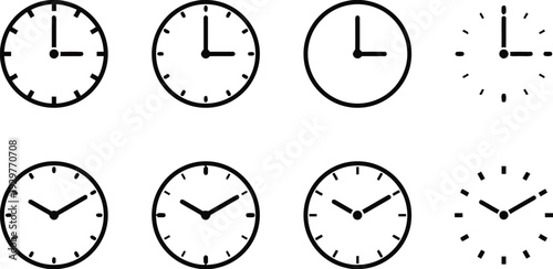 two rows of analog clocks indicating various times and styles