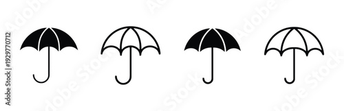 Umbrella icons collection, open and closed styles, solid black and outline designs for rain protection and weather symbols
