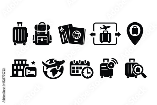 Travel and vacation icons representing luggage destinations and transportation for journeys