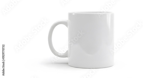 White coffee mug on white surface with shadow effect in the middle.
