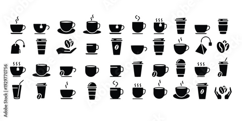 Variety of coffee and tea cup icons in different styles vector