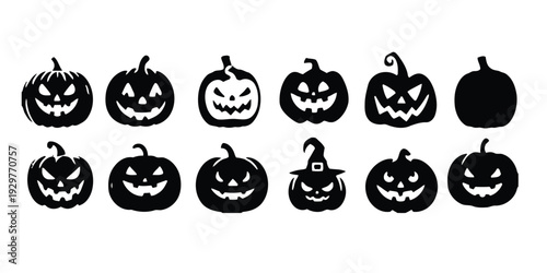 Variety of carved Halloween pumpkins and jack o lantern designs for holiday decorations