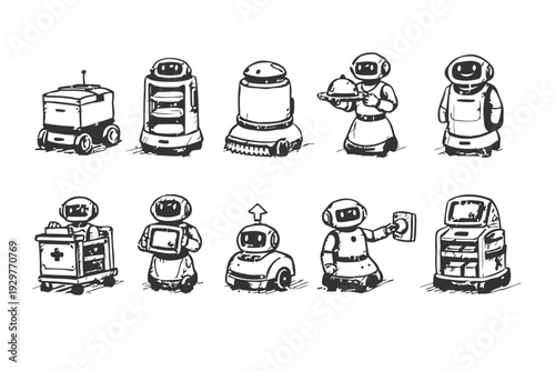Variety of robot icons for service and automation technology