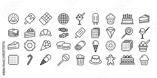 Variety of sweet food and dessert icons in hand-drawn style