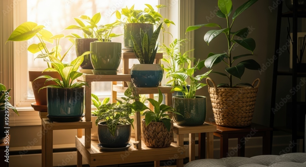 Fototapeta premium Collection of vibrant green house plants in decorative pots on a wooden stand by a bright window. Home interior gardening and decor.