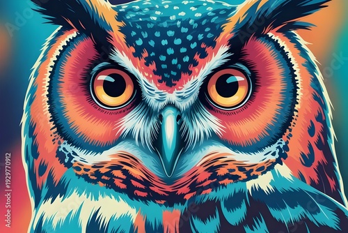 Close-up portrait of a colorful, stylized owl with intense, wide eyes and intricate feather details in a vibrant, modern art style.