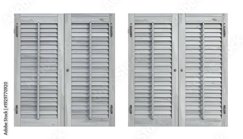 Front view of two pairs of closed, white, louvered shutters