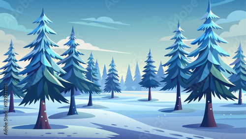 A quiet snowy pine forest with evenly spaced trees covering flat winter ground pale sky background clean minimal vector illustration flat design uncluttered composition