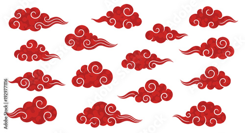 Traditional Chinese Red Auspicious Clouds Festive Asian Decorative Elements for Prosperity and Luck