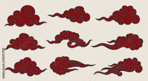 Artistic Japanese Asian Style Swirling Red Clouds Design for Traditional Oriental Cultural Themes