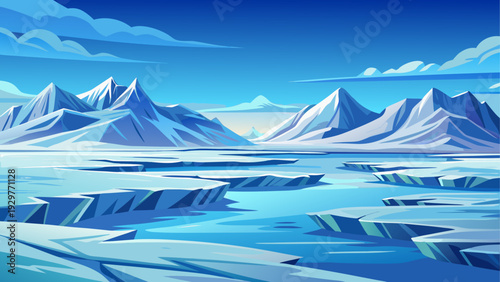 A vast glacier plain covered with smooth icy surface distant frozen formations beneath pale sky clean minimal vector illustration flat design uncluttered peaceful composition