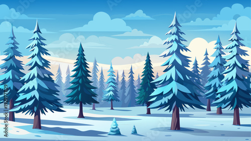 A quiet snowy pine forest with evenly spaced trees covering flat winter ground pale sky background clean minimal vector illustration flat design uncluttered composition
