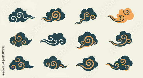 Collection of Stylized Traditional Asian Ornate Cloud Symbols with Decorative Swirls and Organic Shapes