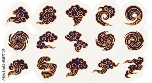 Beautiful Set of Traditional Eastern Auspicious Clouds and Stylized Wind Designs for Decoration