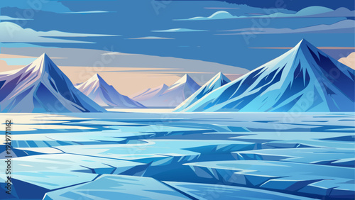 A vast glacier plain covered with smooth icy surface distant frozen formations beneath pale sky clean minimal vector illustration flat design uncluttered peaceful composition