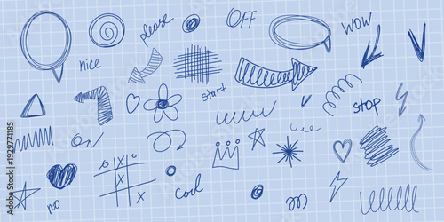 A collection of hand-drawn doodles on a blue grid background, featuring various shapes, symbols, and words. The image showcases creativity and casual sketching, perfect for design inspiration or educa