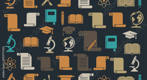 Diverse Education and Science Symbols Pattern with Learning Knowledge and Research Items