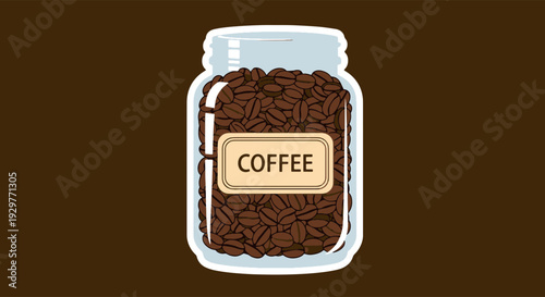 Roasted Coffee Beans Stored in a Clear Glass Jar with a Label on a Dark Brown Background