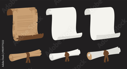 Various Old Brown Parchment and New White Paper Scrolls Open and Rolled with Ribbon Seals